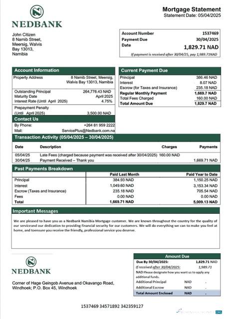 Download Namibia Nedbank Namibia Limited mortgage statement Word and PDF template Photoshop template